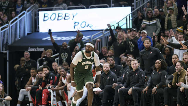 Milwaukee Bucks forward Bobby Portis (9) reacts after scoring a basket